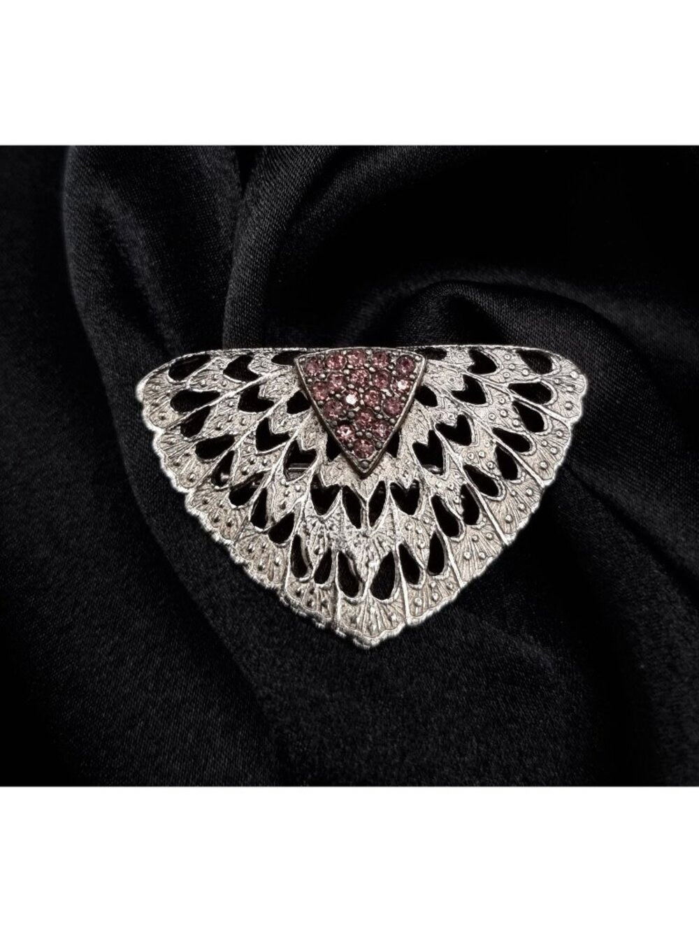 Vintage 1990's Silver-Tone Fan Brooch With Pink Rhinestones